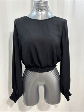 Papermoon Black Long-Sleeve Smocked-Hem Blouse 295 party work date night trendy